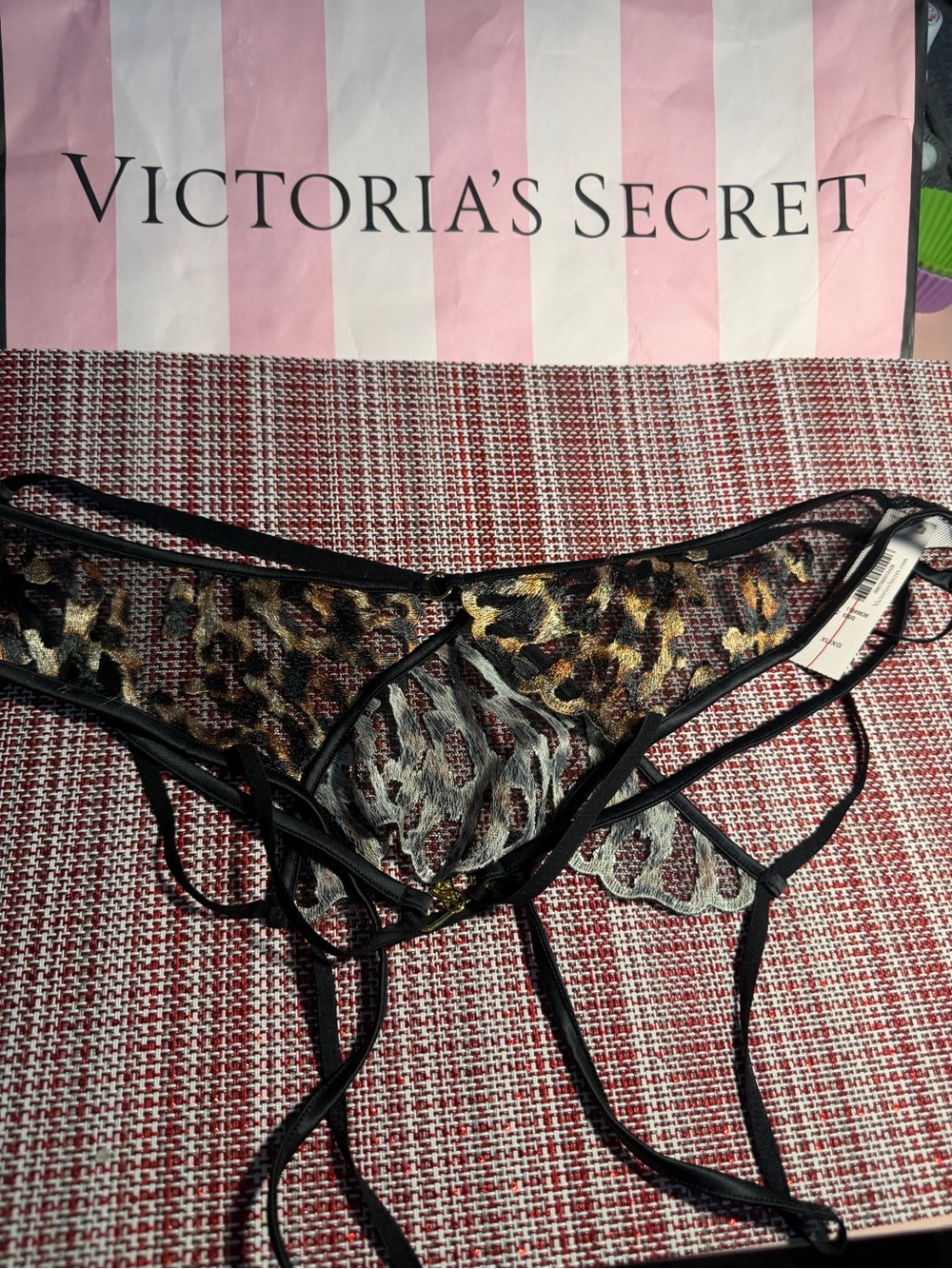 Victoria's Secret Black & Gold Leopard Lace Thong with Strappy Details